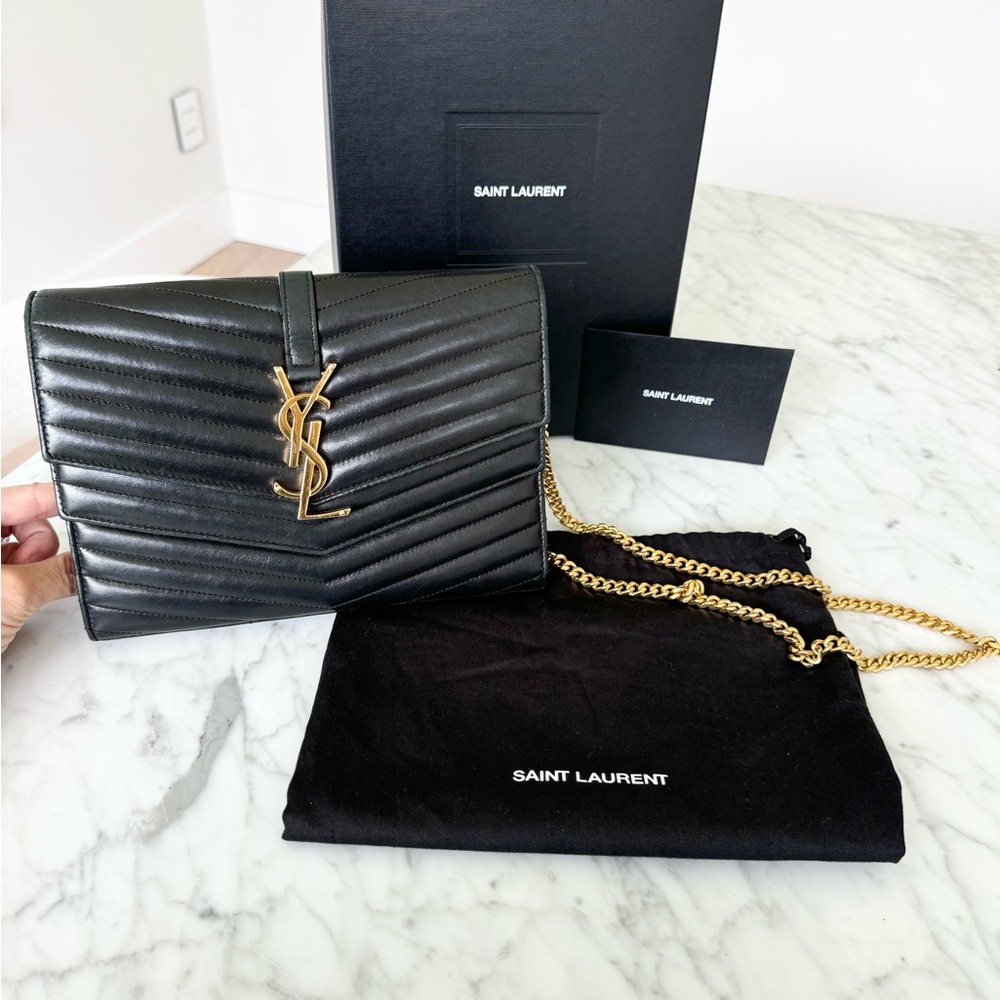 Saint Laurent YSL Monogram Sulpice Double Flap Wallet On Chain Calf Skin Bag